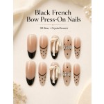 Black French Bow Press‑On Nails, Nude Polka‑Dot Elegant Almond False Nails with 3D Bow & Rhinestones